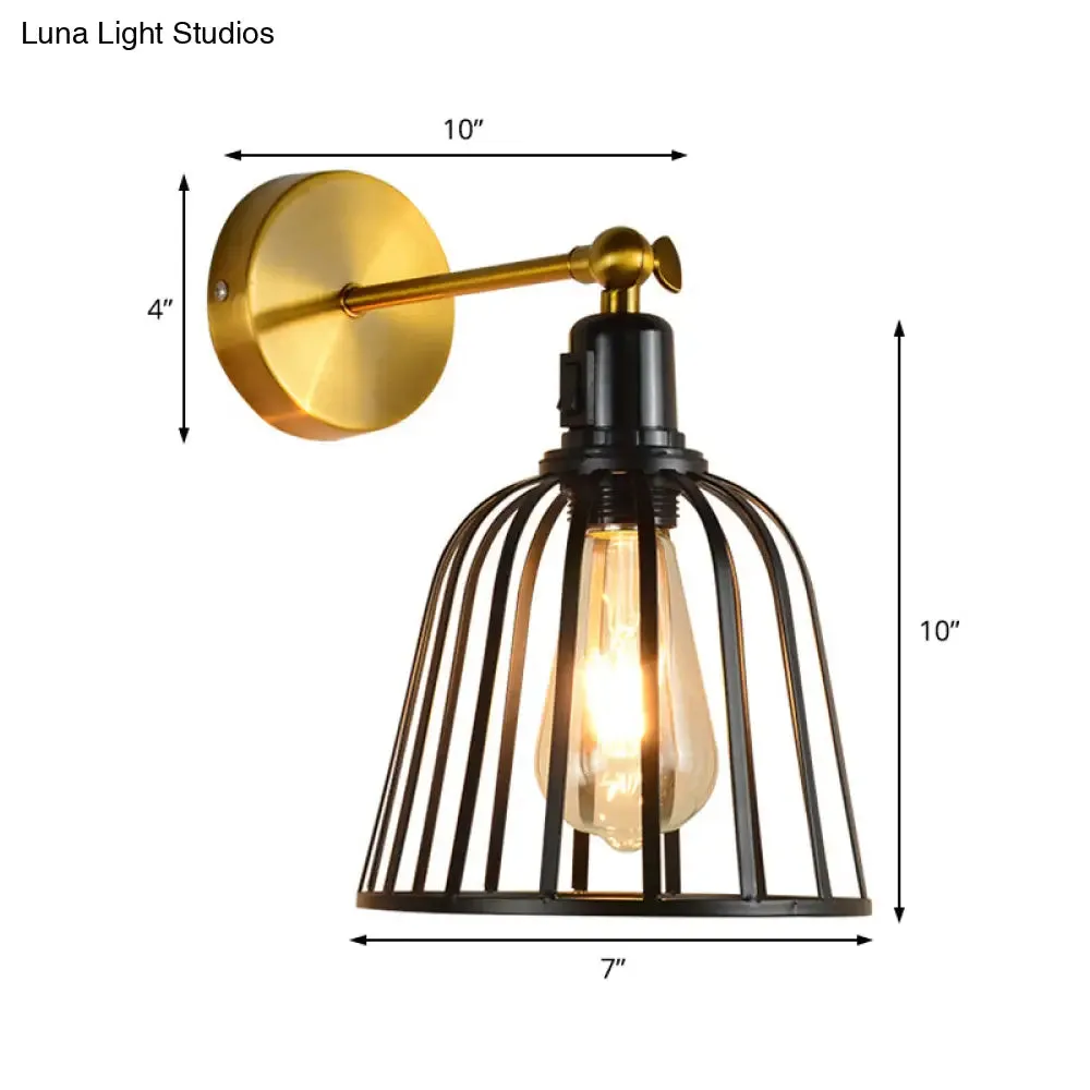 Black Metal Cage Wall Sconce with Bell Shade – Industrial Style Hallway Light Fixture