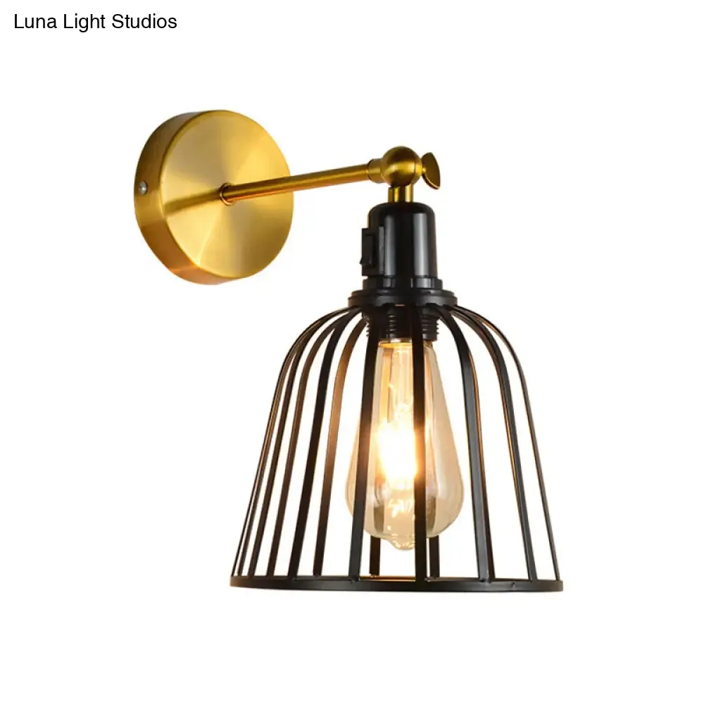 Black Metal Cage Wall Sconce with Bell Shade – Industrial Style Hallway Light Fixture