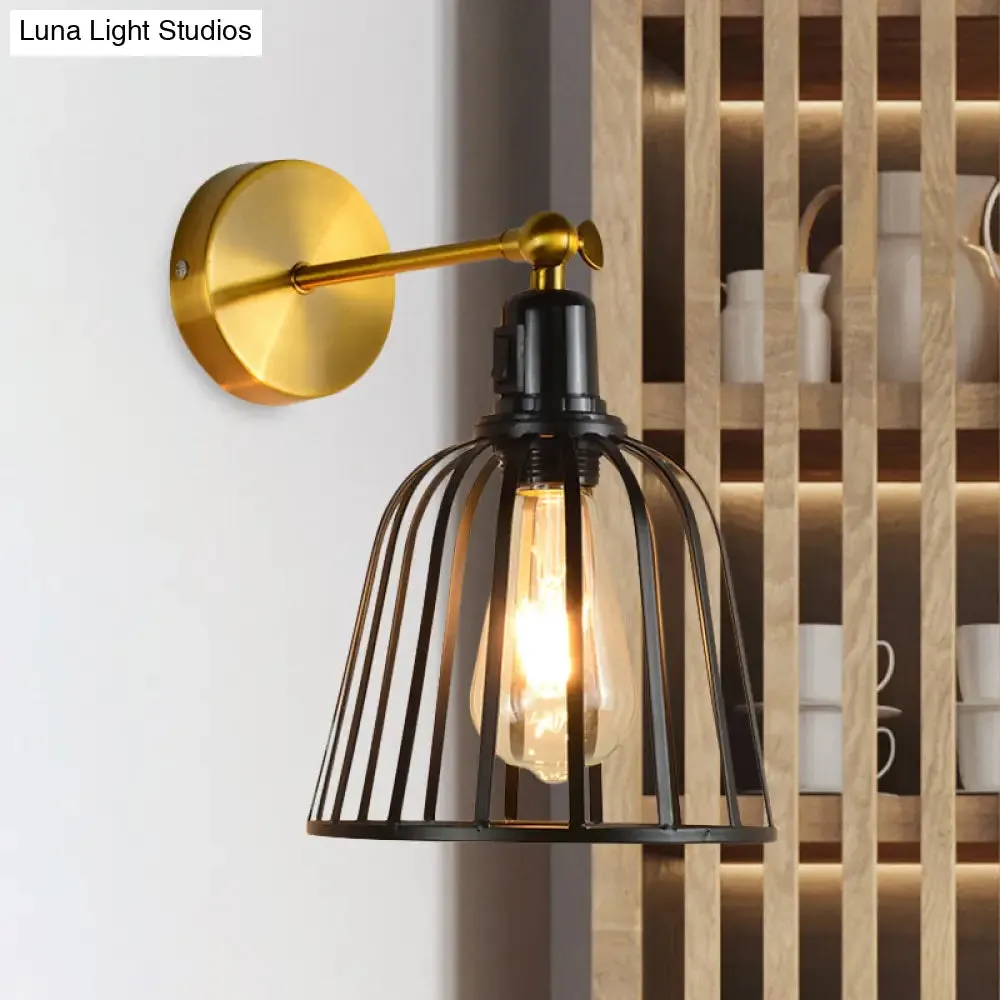 Black Metal Cage Wall Sconce with Bell Shade – Industrial Style Hallway Light Fixture