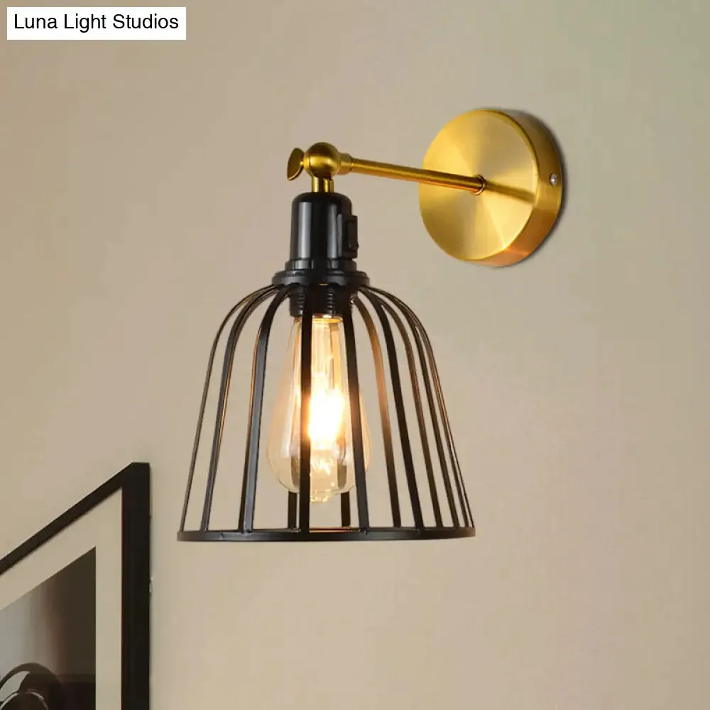 Black Metal Cage Wall Sconce with Bell Shade – Industrial Style Hallway Light Fixture