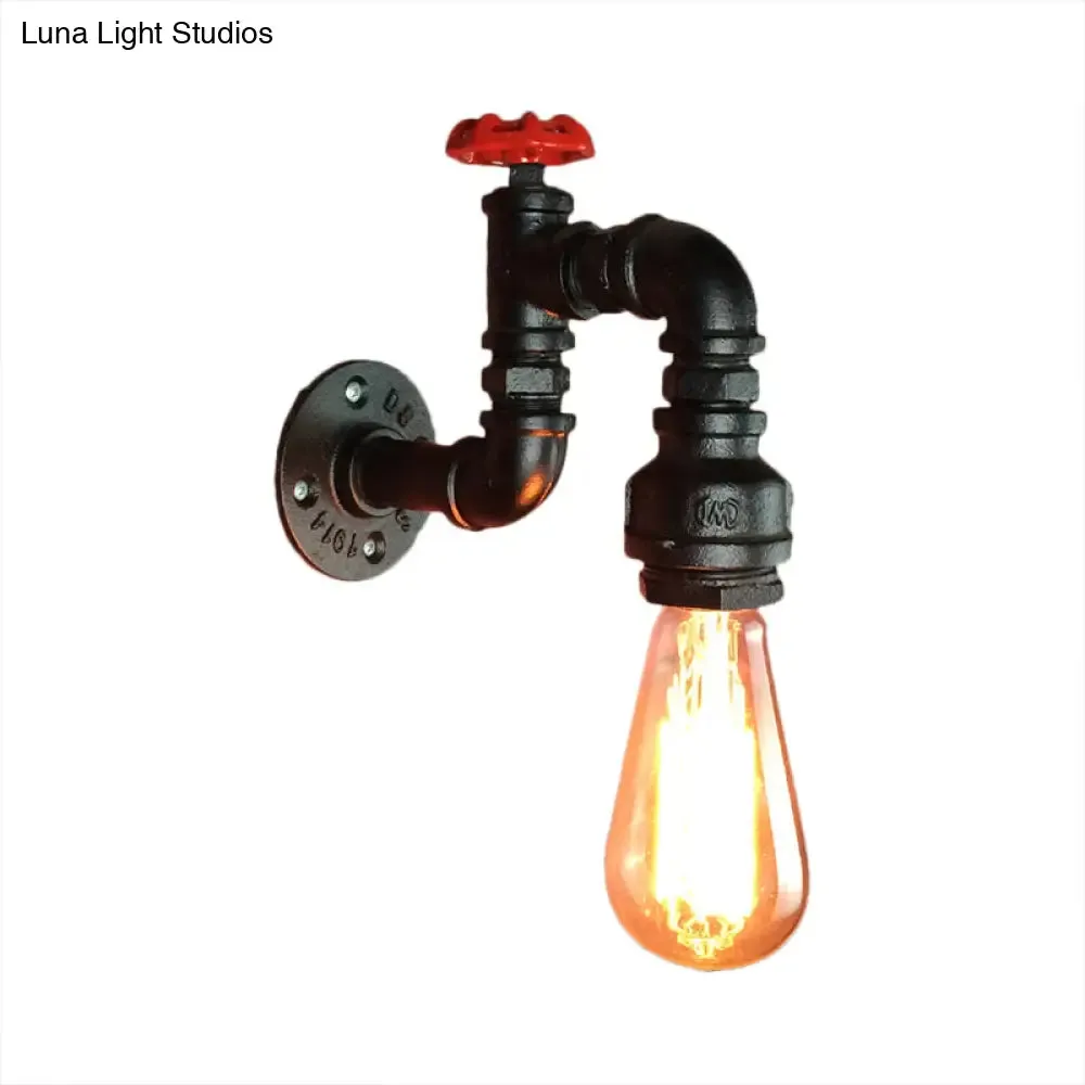 Black Rustic Industrial Wall Sconce Light with Red Faucet Valve for Living Room