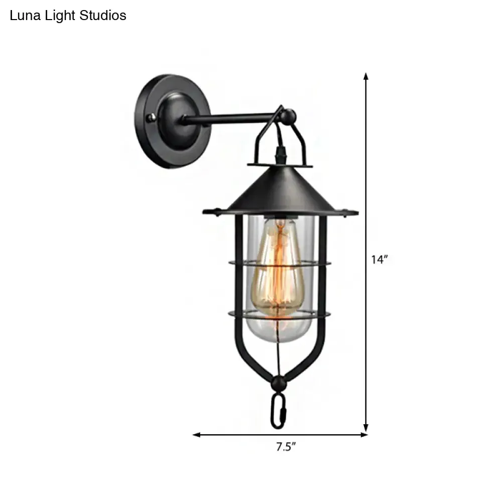 Black Sconce Lamp: Clear Glass Capsule, 1-Light Traditional Wall Mount with Cage