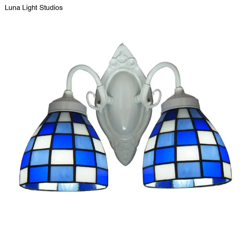 Blue Glass Mosaic Dome Wall Lighting - 2 Lights Bathroom Wall Mounted Lamp in White Finish