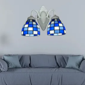 Blue Glass Mosaic Dome Wall Lighting - 2 Lights Bathroom Wall Mounted Lamp in White Finish