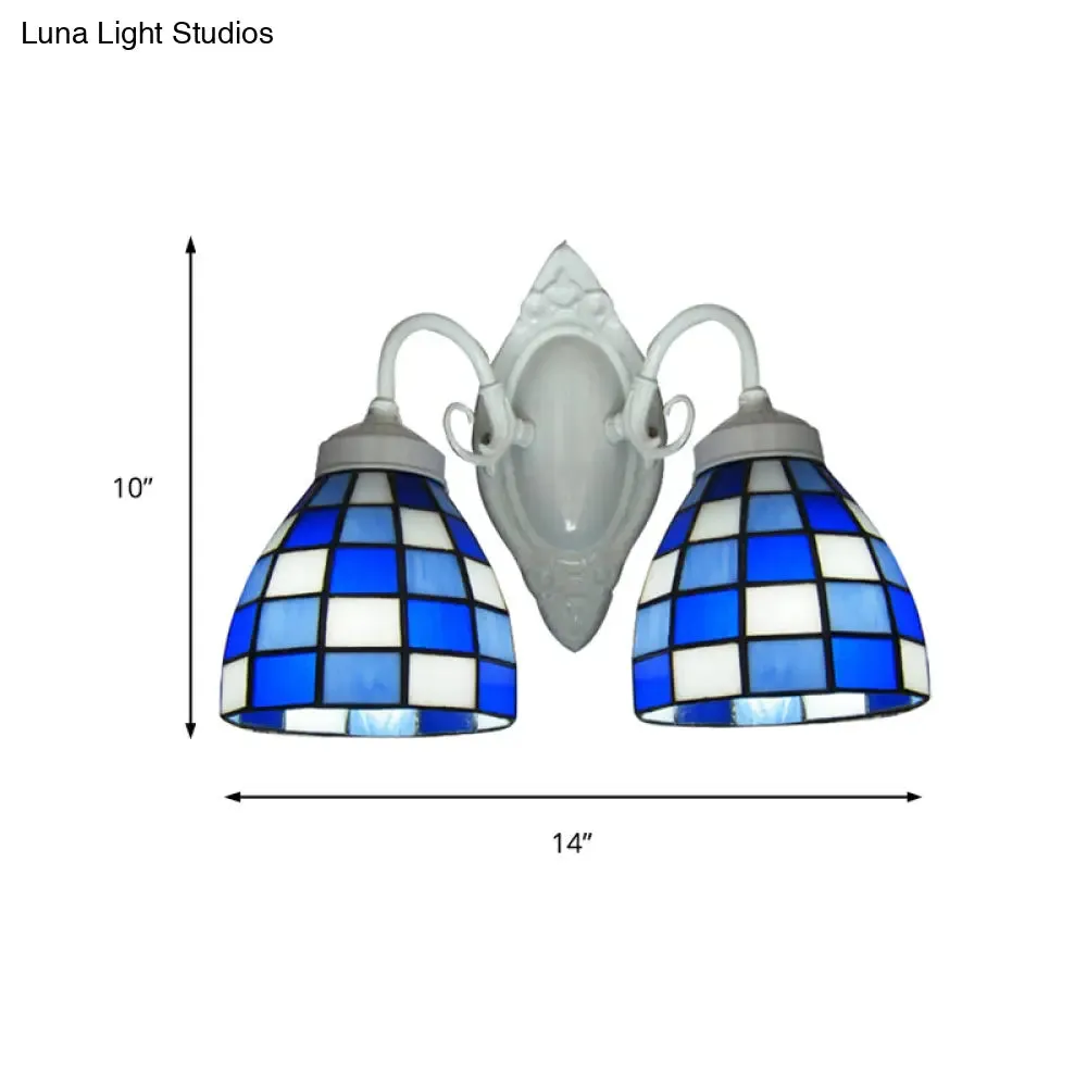 Blue Glass Mosaic Dome Wall Lighting - 2 Lights Bathroom Wall Mounted Lamp in White Finish