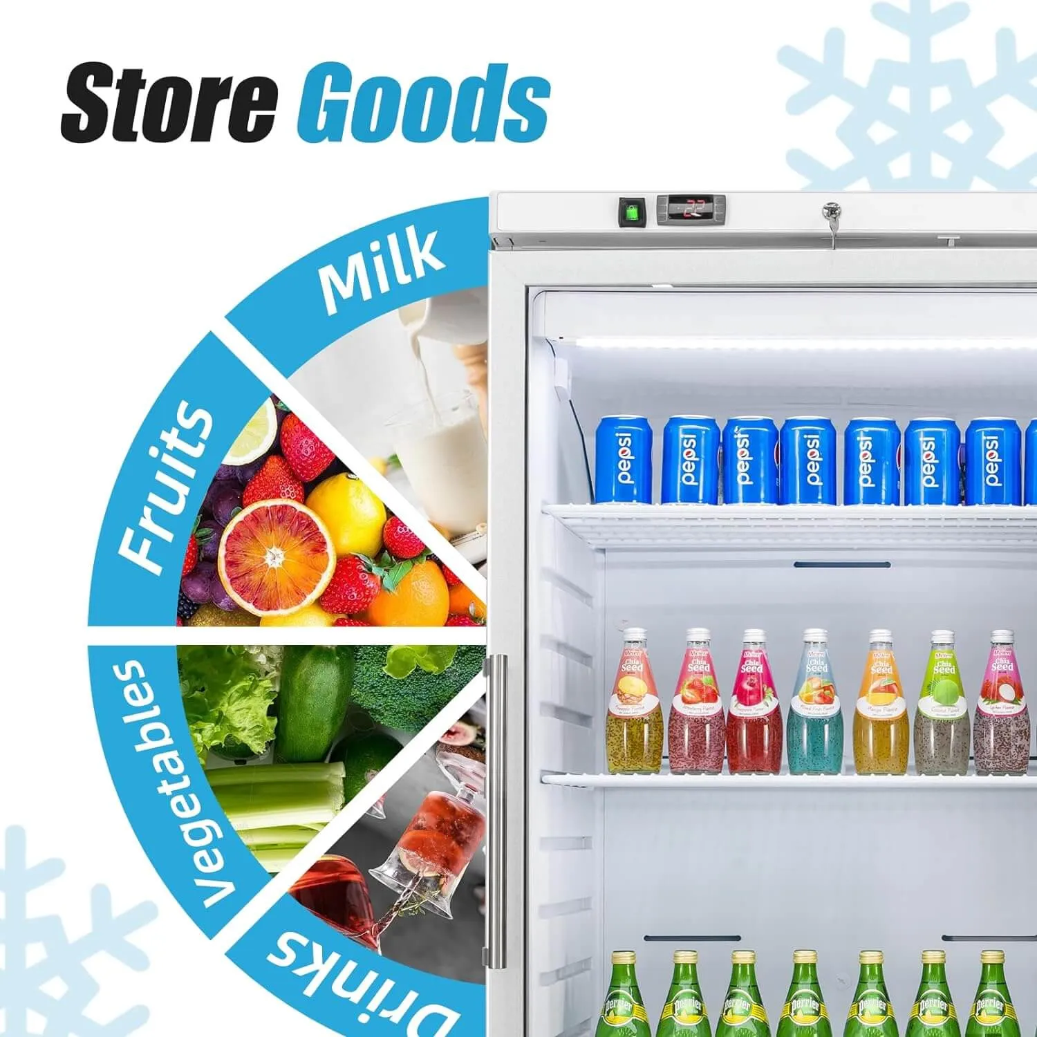 BLUELINETECH 18.6 Cu.ft Display Refrigerator 33-45℉ White Fan Cooling Beverage Cooler Fridge for Food and Beverage Refrigeration, Commercial Kitchen, Home, Canteen, Restaurant