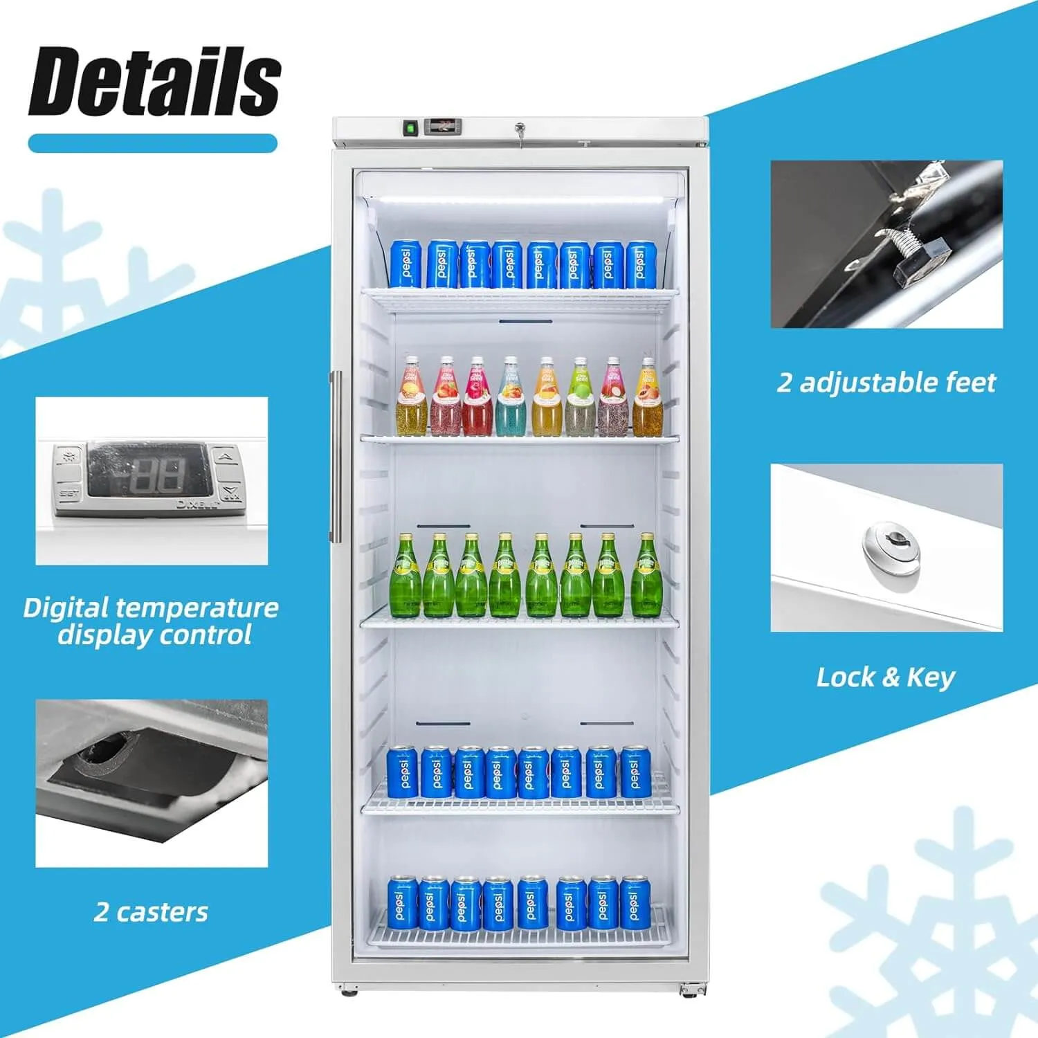 BLUELINETECH 18.6 Cu.ft Display Refrigerator 33-45℉ White Fan Cooling Beverage Cooler Fridge for Food and Beverage Refrigeration, Commercial Kitchen, Home, Canteen, Restaurant