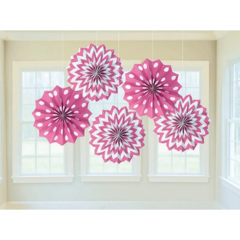 Bright Pink Fan Decorations Printed Paper 8in 5pk