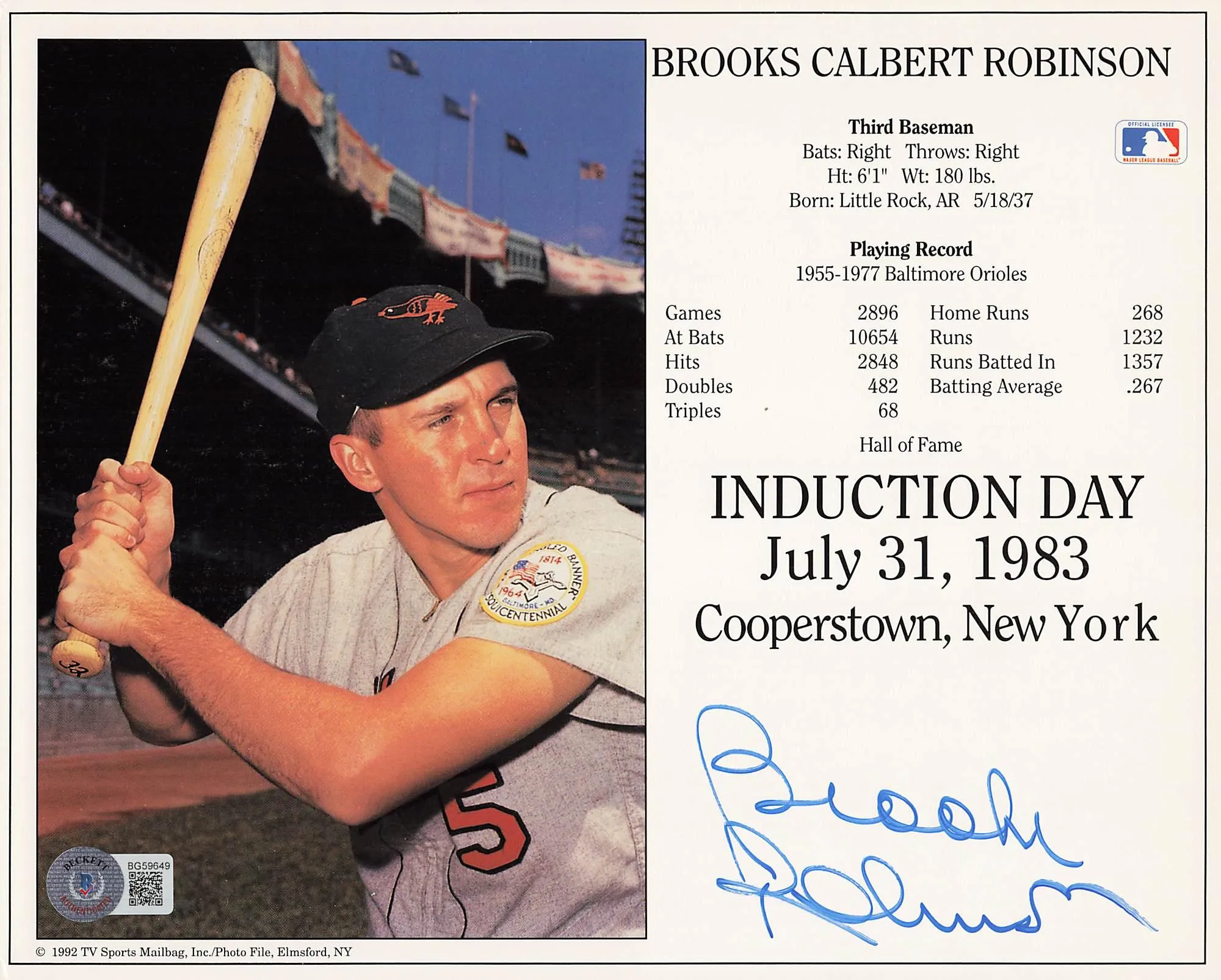 Brooks Robinson Signed 8x10 Photo Hall of Fame (BAS BG59649)