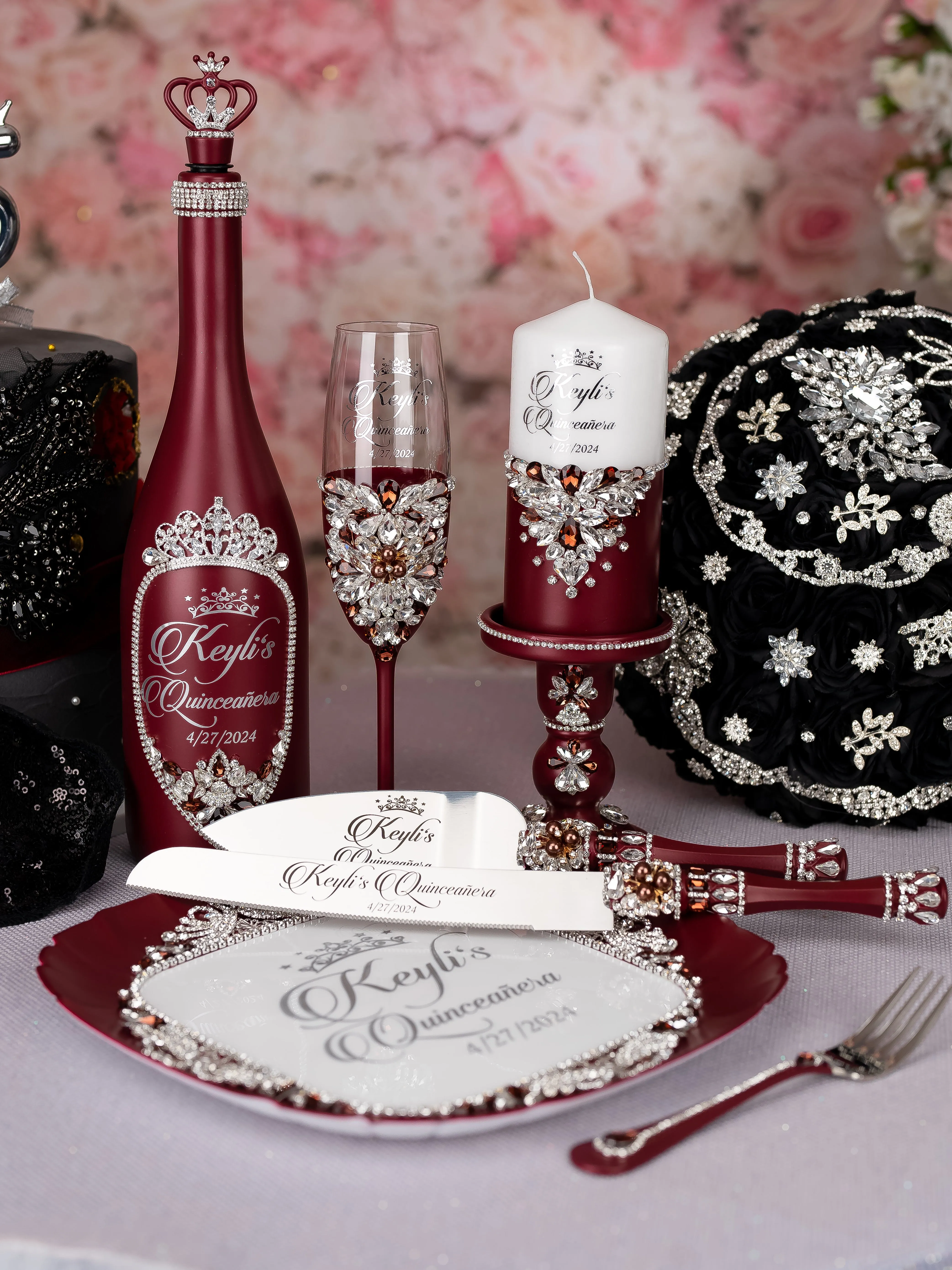 Burgundy Silver Quinceanera Package of Bottle, Glass and Candle