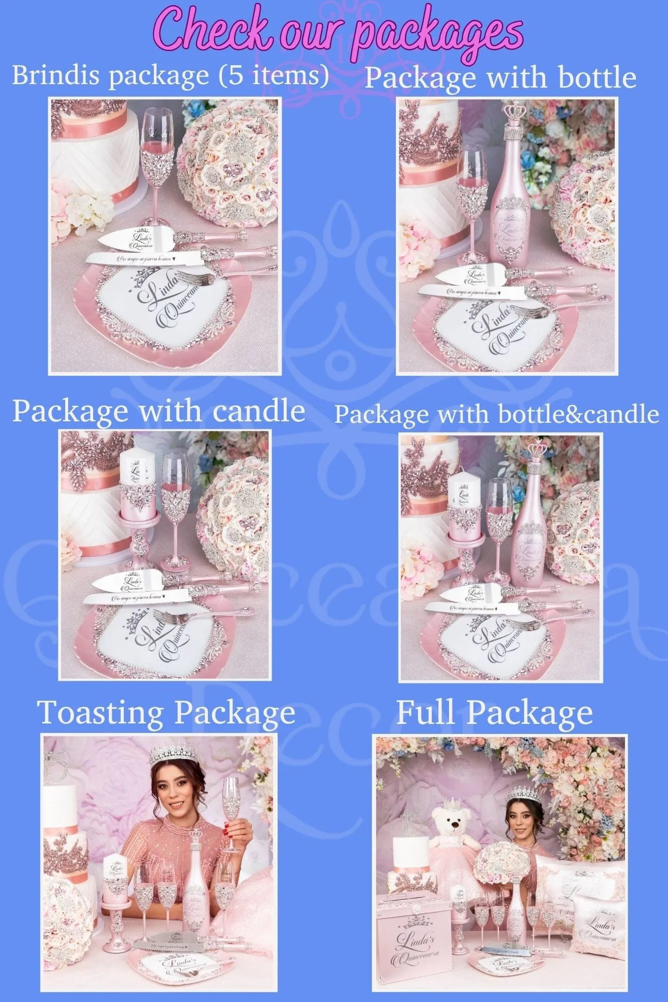 Burgundy Silver Quinceanera Package of Bottle, Glass and Candle