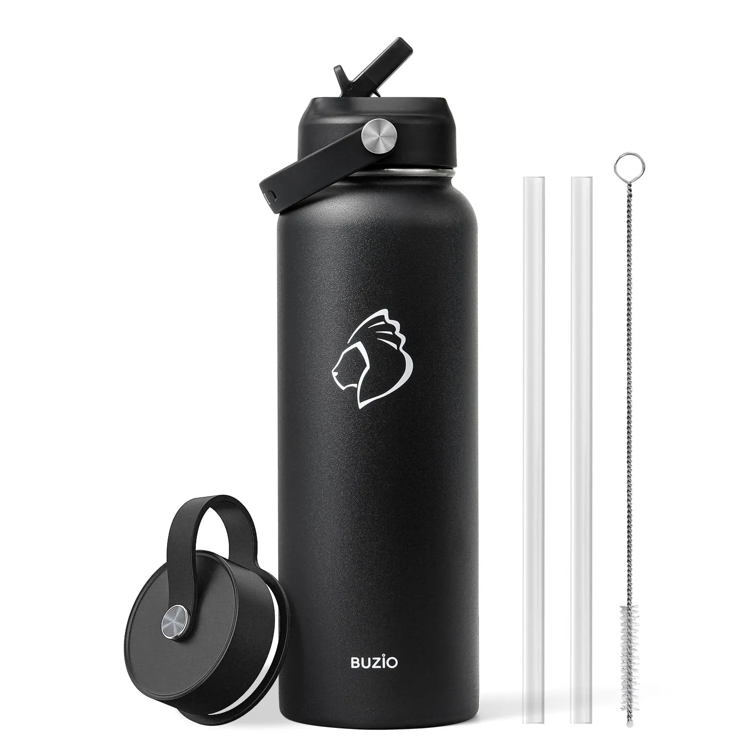 BUZIO Double Wall Stainless Steel Sports Wide Mouth Water Bottle, BPA-Free Flex Cap and Straw Lid, 40 Ounces & 32 Ounces Water Bottle