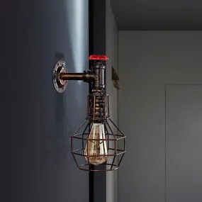 Caged Vintage Corridor Wall Sconce with Valve Deco and 1 Light in Black/Bronze