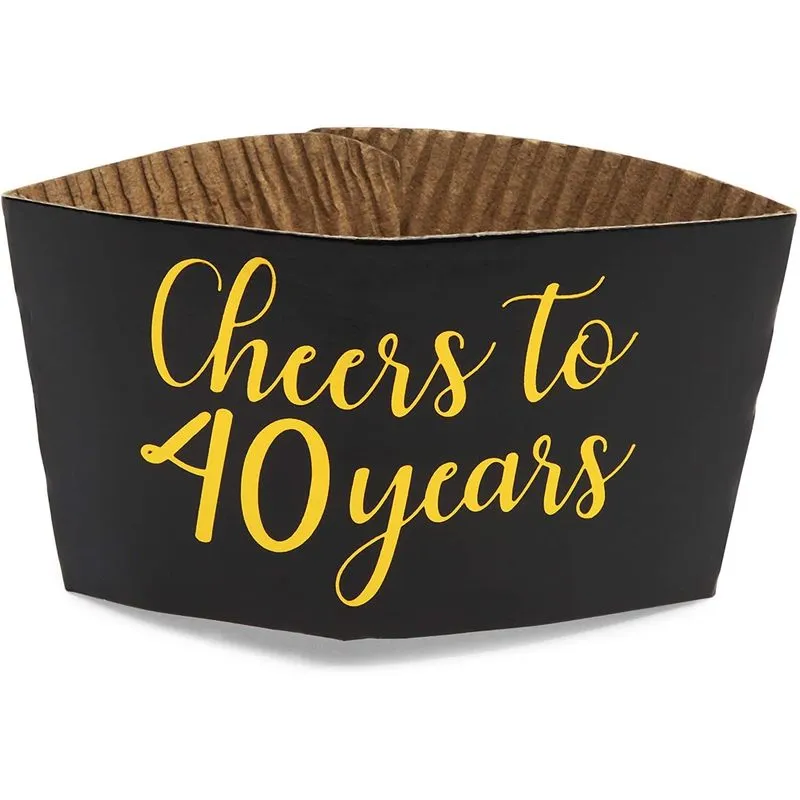 Cheers to 40 Years Coffee Cup Drink Sleeves for 40th Anniversary or Birthday, Fits 12-16 oz Cups (Gold Foil, 50 Pack)