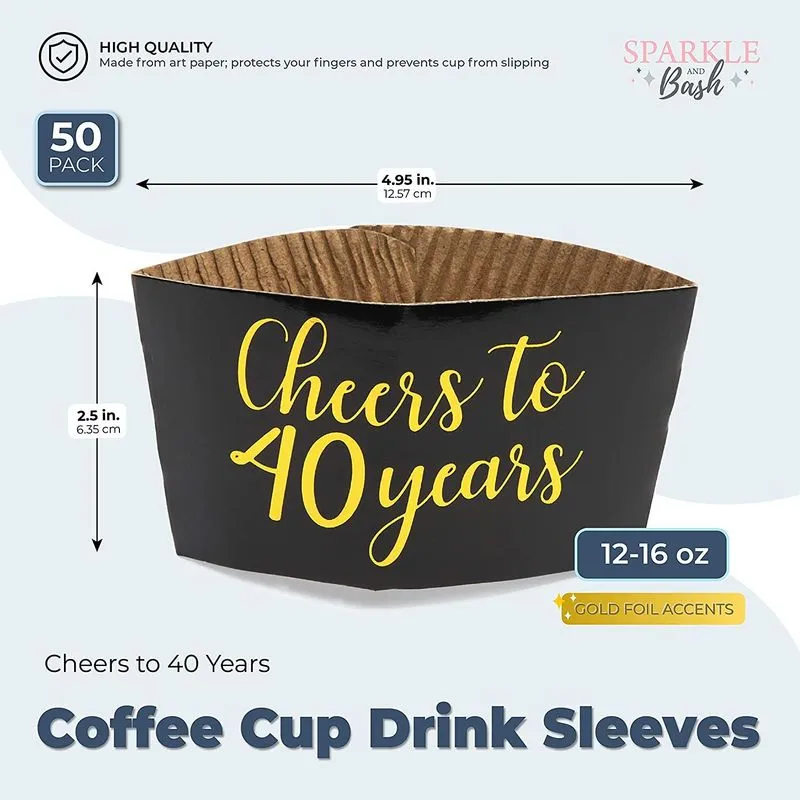 Cheers to 40 Years Coffee Cup Drink Sleeves for 40th Anniversary or Birthday, Fits 12-16 oz Cups (Gold Foil, 50 Pack)