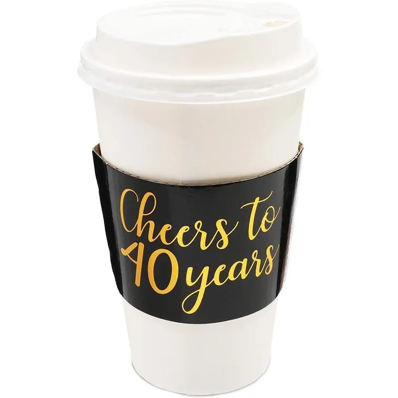 Cheers to 40 Years Coffee Cup Drink Sleeves for 40th Anniversary or Birthday, Fits 12-16 oz Cups (Gold Foil, 50 Pack)