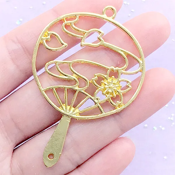 Cherry Blossom Hand Fan Open Bezel | Sakura Fan Charm | Japanese Style Deco Frame for UV Resin Filling (1 piece / Gold / 40mm x 60mm)