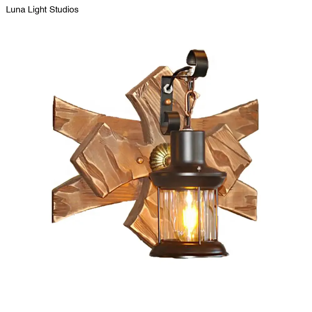 Clear Glass/Marble Lantern Sconce Light: Industrial Wall Lighting for Living Room, Bronze Finish