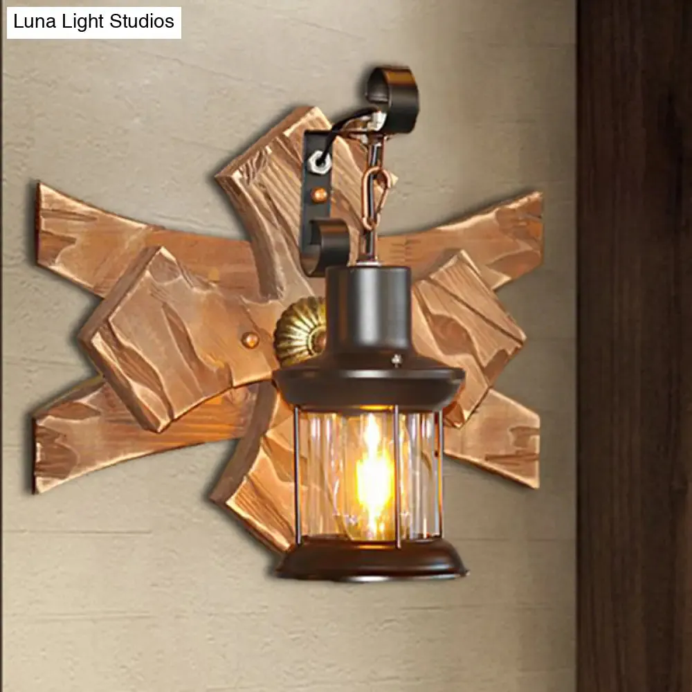 Clear Glass/Marble Lantern Sconce Light: Industrial Wall Lighting for Living Room, Bronze Finish