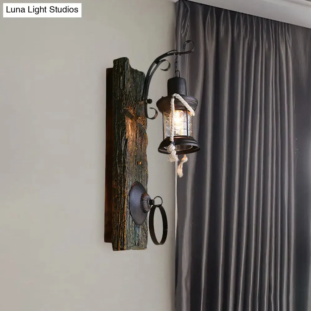 Coastal Black Kerosene Sconce with Clear Glass Bulb and Wooden Backplate for Outdoor Lighting