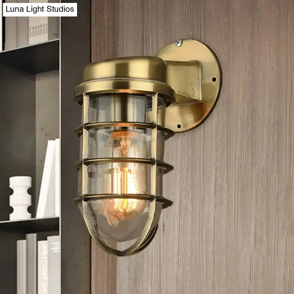 Coastal Caged Wall Lighting Fixture - Clear Glass Sconce Light for Kitchen - Brass/Copper/Chrome Finish