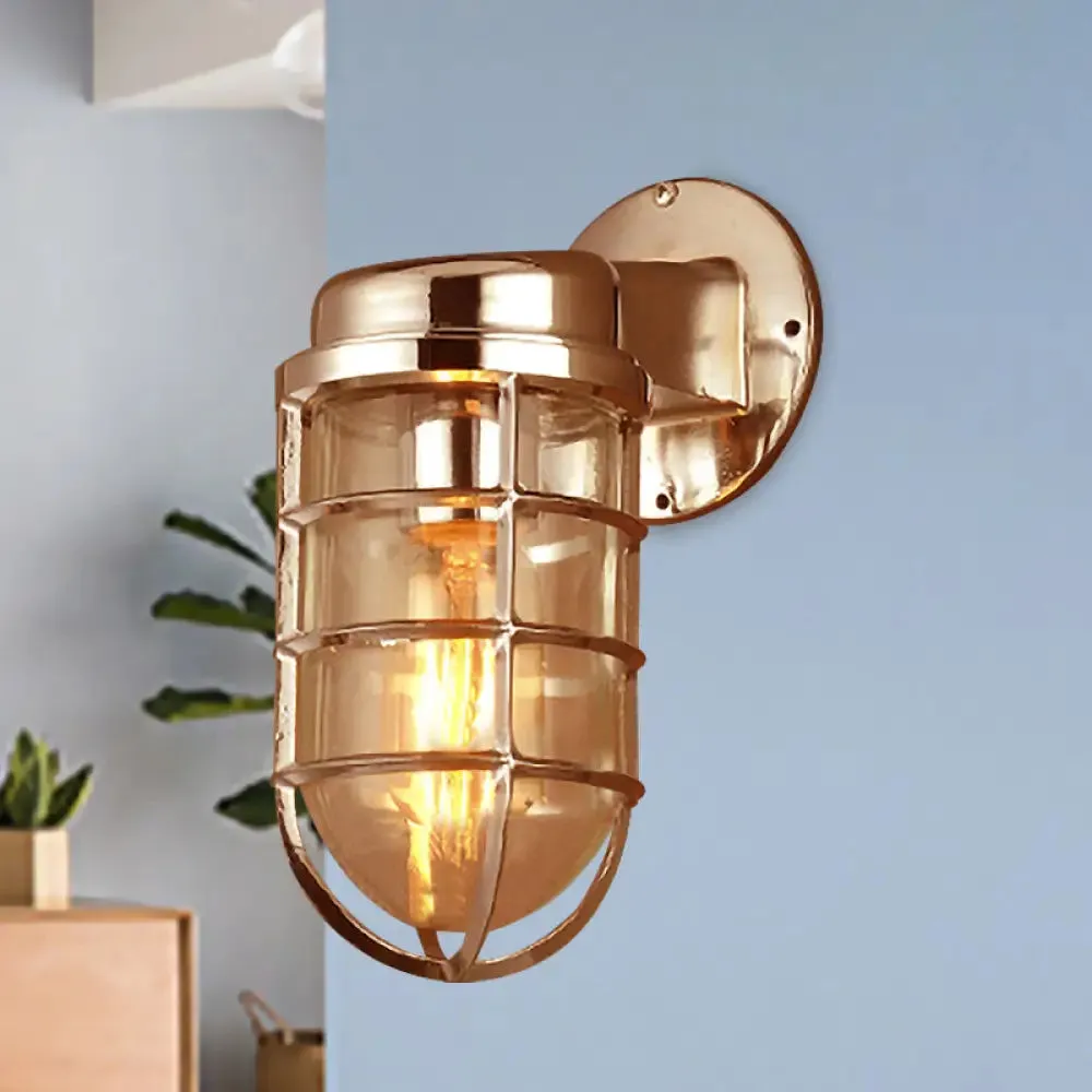 Coastal Caged Wall Lighting Fixture - Clear Glass Sconce Light for Kitchen - Brass/Copper/Chrome Finish