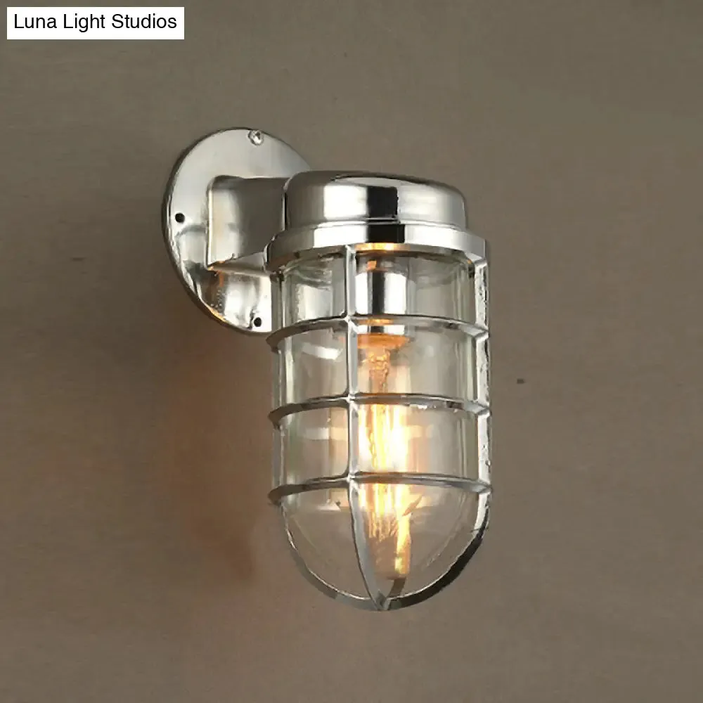 Coastal Caged Wall Lighting Fixture - Clear Glass Sconce Light for Kitchen - Brass/Copper/Chrome Finish