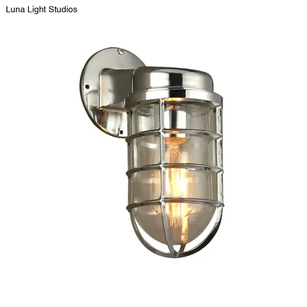 Coastal Caged Wall Lighting Fixture - Clear Glass Sconce Light for Kitchen - Brass/Copper/Chrome Finish