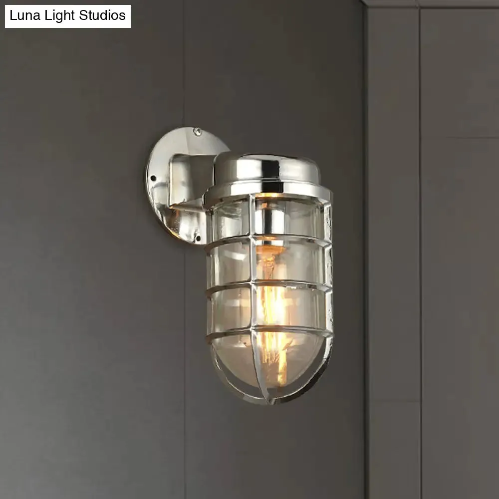 Coastal Caged Wall Lighting Fixture - Clear Glass Sconce Light for Kitchen - Brass/Copper/Chrome Finish