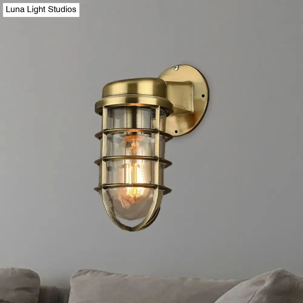 Coastal Caged Wall Lighting Fixture - Clear Glass Sconce Light for Kitchen - Brass/Copper/Chrome Finish