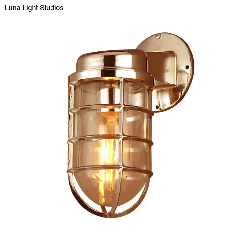 Coastal Caged Wall Lighting Fixture - Clear Glass Sconce Light for Kitchen - Brass/Copper/Chrome Finish