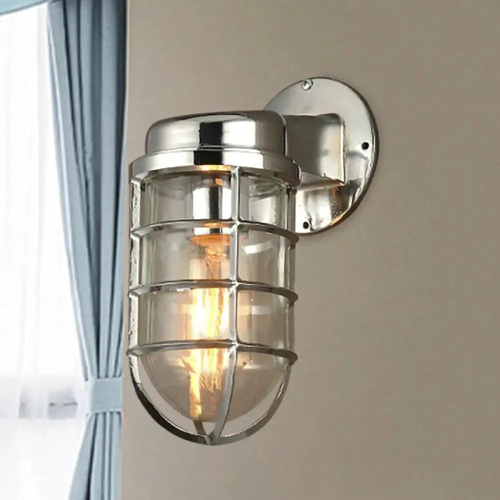 Coastal Caged Wall Lighting Fixture - Clear Glass Sconce Light for Kitchen - Brass/Copper/Chrome Finish