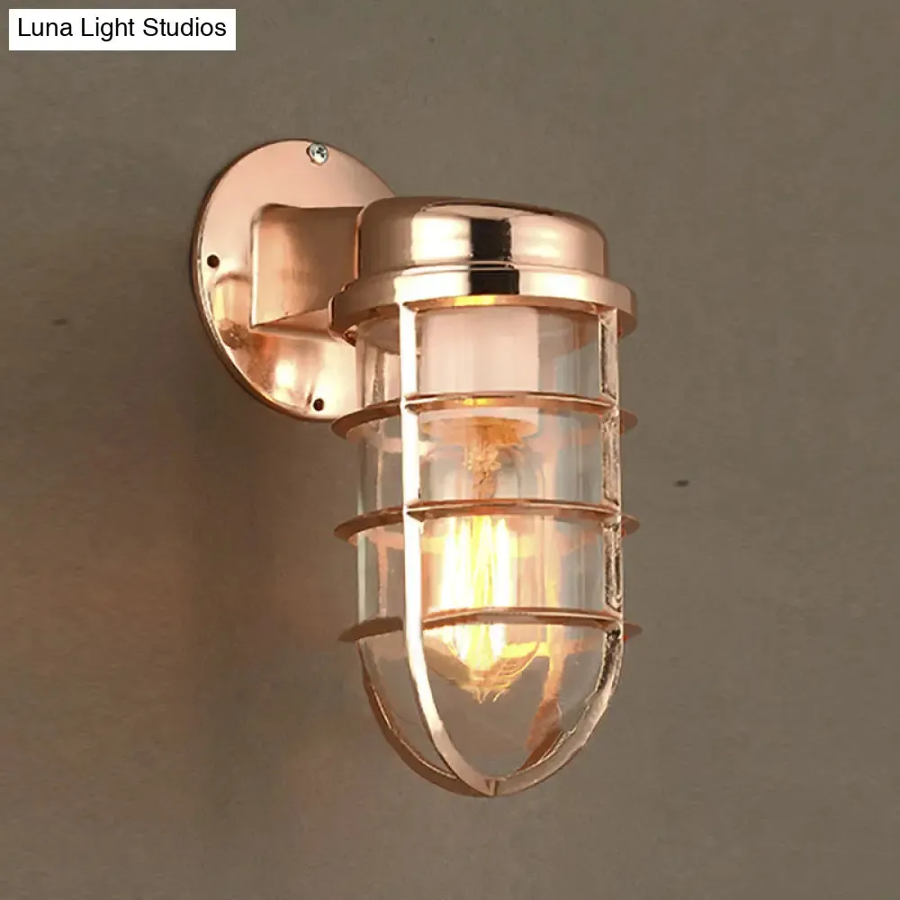 Coastal Caged Wall Lighting Fixture - Clear Glass Sconce Light for Kitchen - Brass/Copper/Chrome Finish