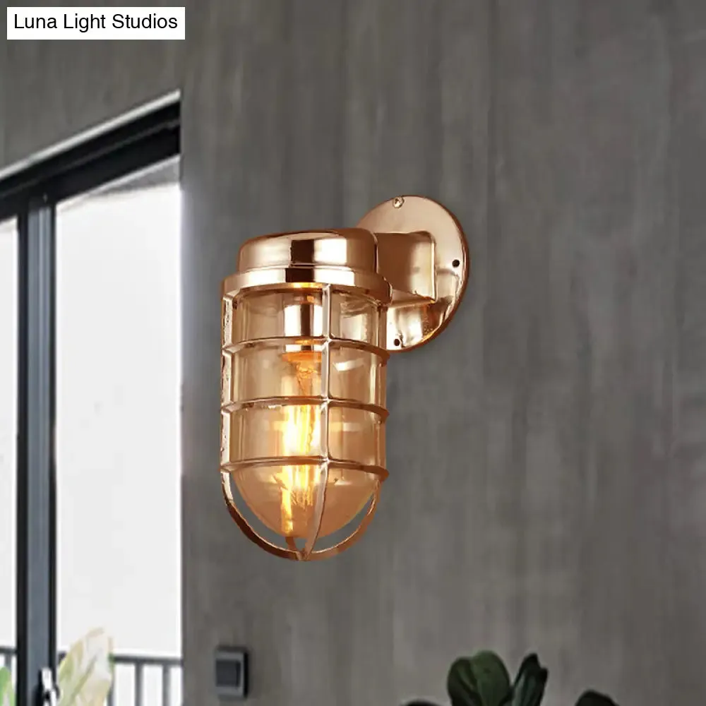 Coastal Caged Wall Lighting Fixture - Clear Glass Sconce Light for Kitchen - Brass/Copper/Chrome Finish