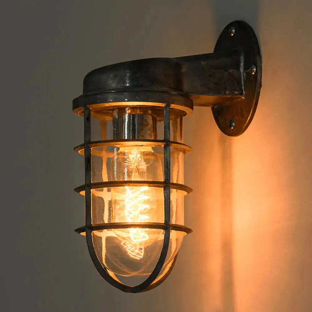 Coastal Caged Wall Lighting Fixture - Clear Glass Sconce Light for Kitchen - Brass/Copper/Chrome Finish