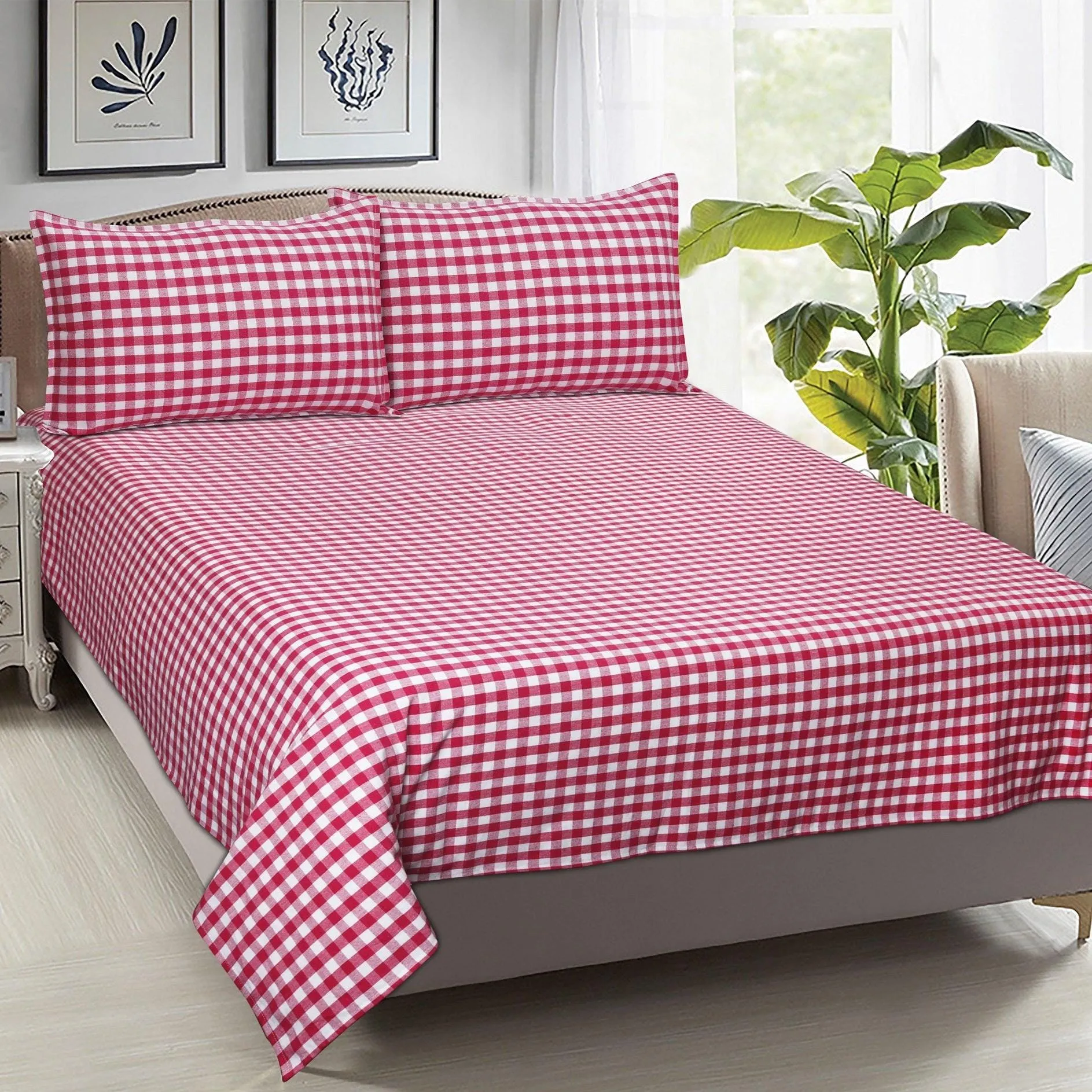 Cotton Checkered Bedsheet with Pillow Covers (Pink) - available sizes, Single, Double/Queen, King and Super King