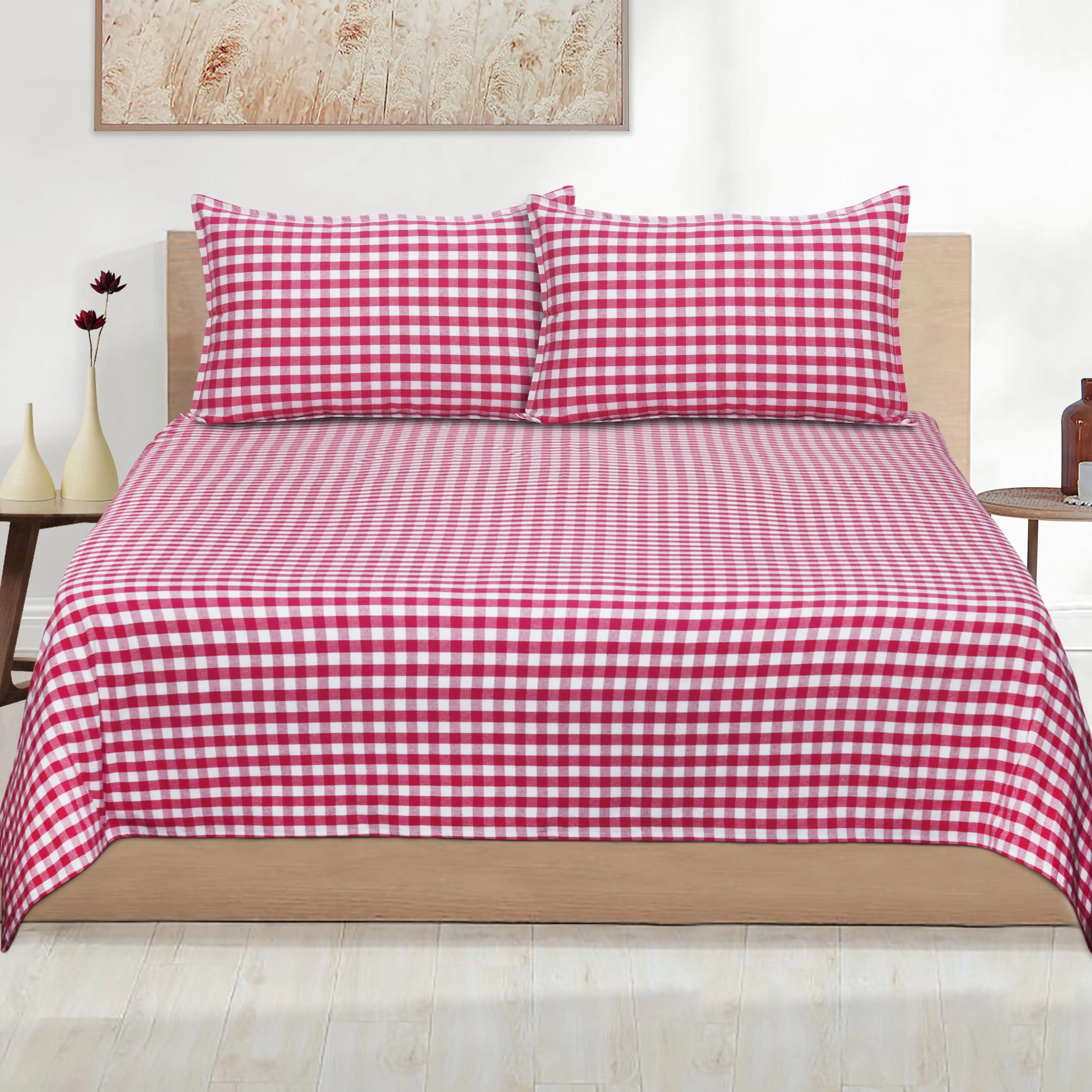 Cotton Checkered Bedsheet with Pillow Covers (Pink) - available sizes, Single, Double/Queen, King and Super King