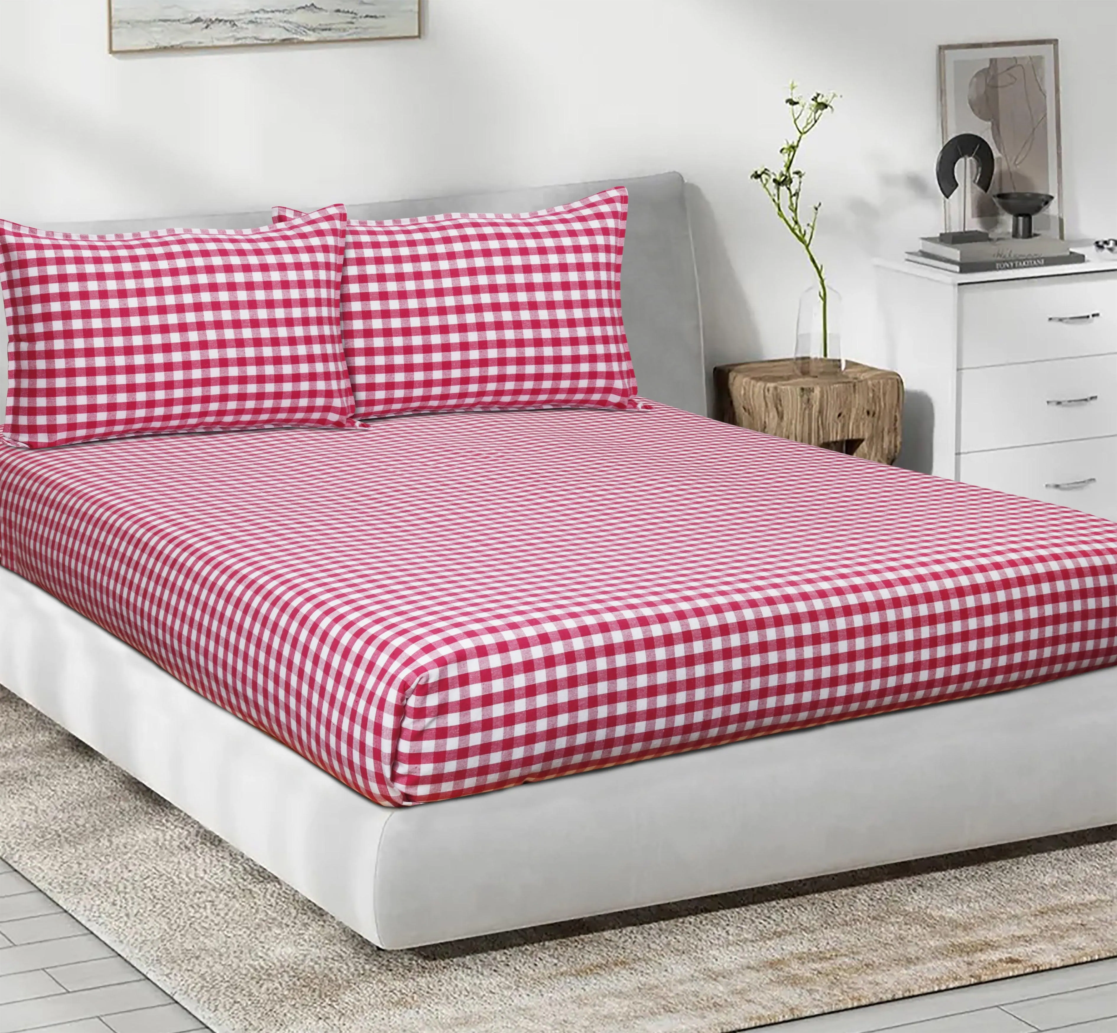 Cotton Checkered Bedsheet with Pillow Covers (Pink) - available sizes, Single, Double/Queen, King and Super King