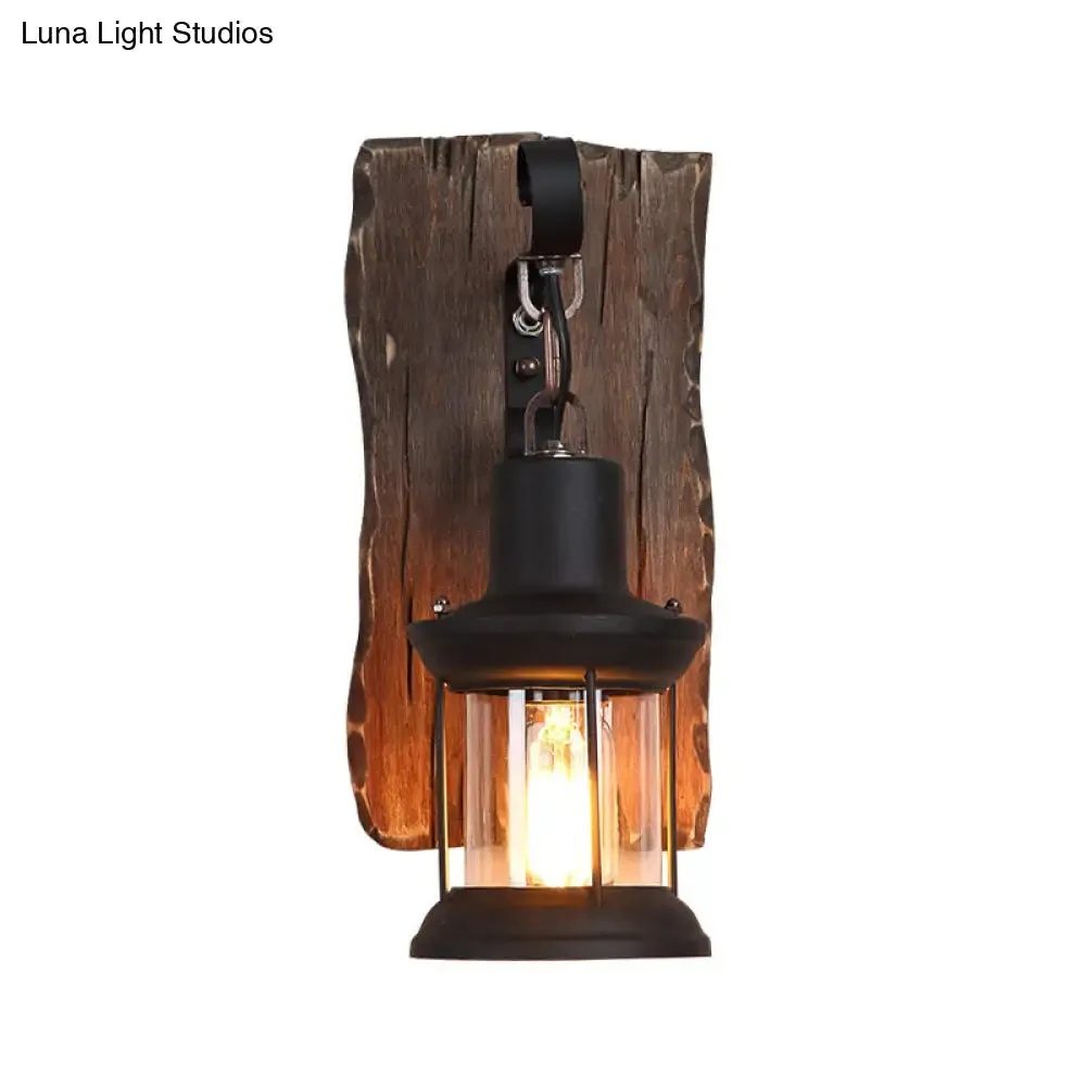 Countryside Brown Lantern Wall Light Kit with Clear Glass Shade and Wood Backplate, 1-Light