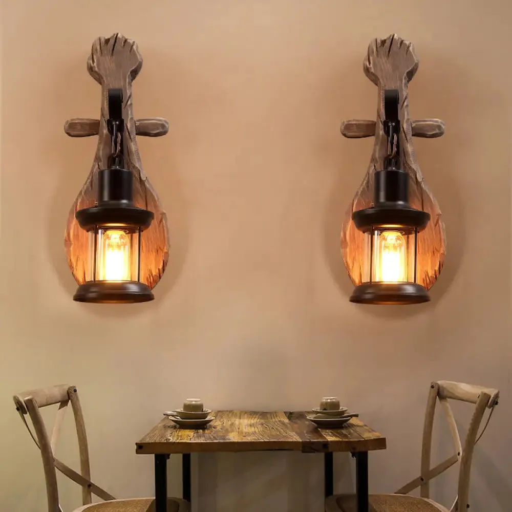 Countryside Brown Lantern Wall Light Kit with Clear Glass Shade and Wood Backplate, 1-Light