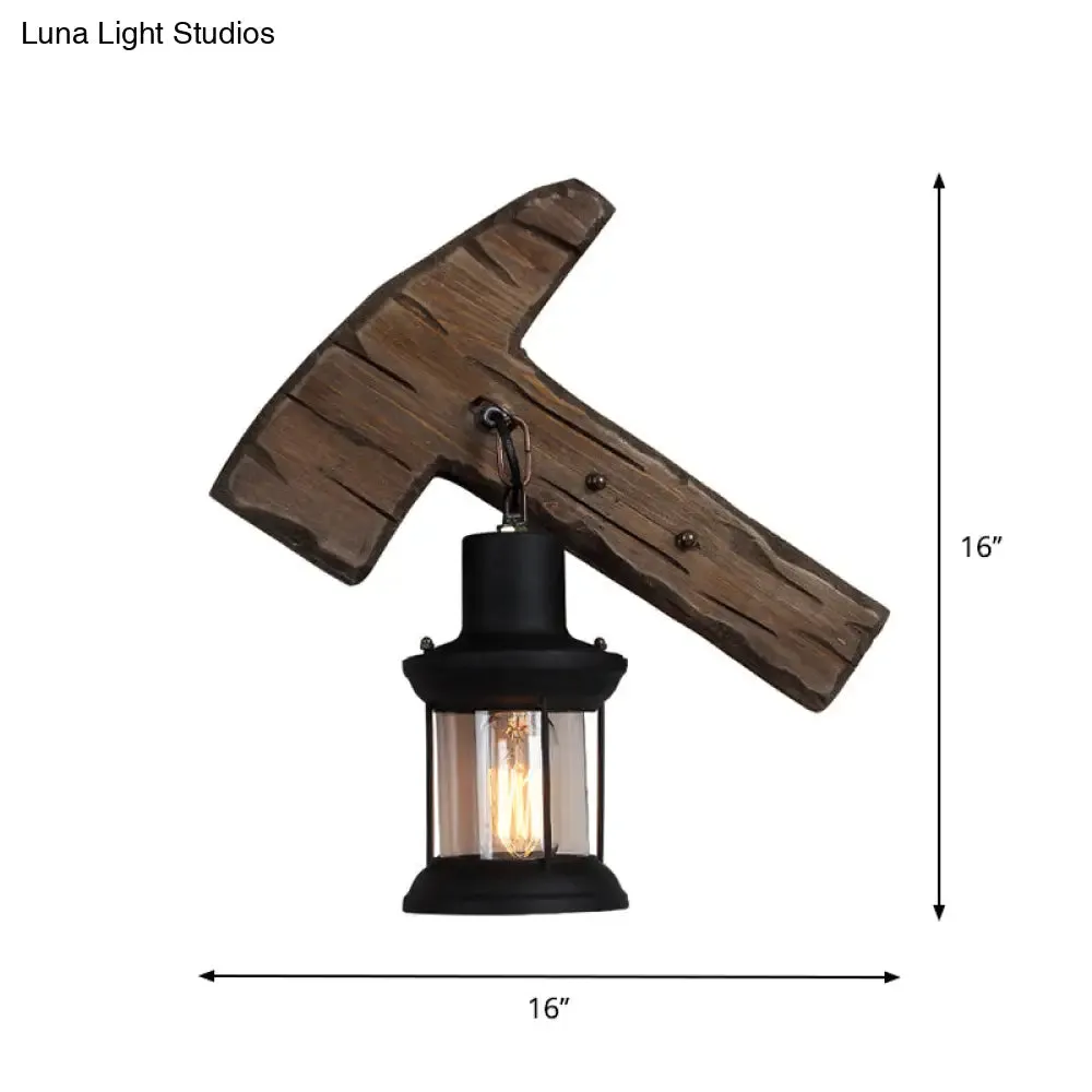 Countryside Brown Lantern Wall Light Kit with Clear Glass Shade and Wood Backplate, 1-Light