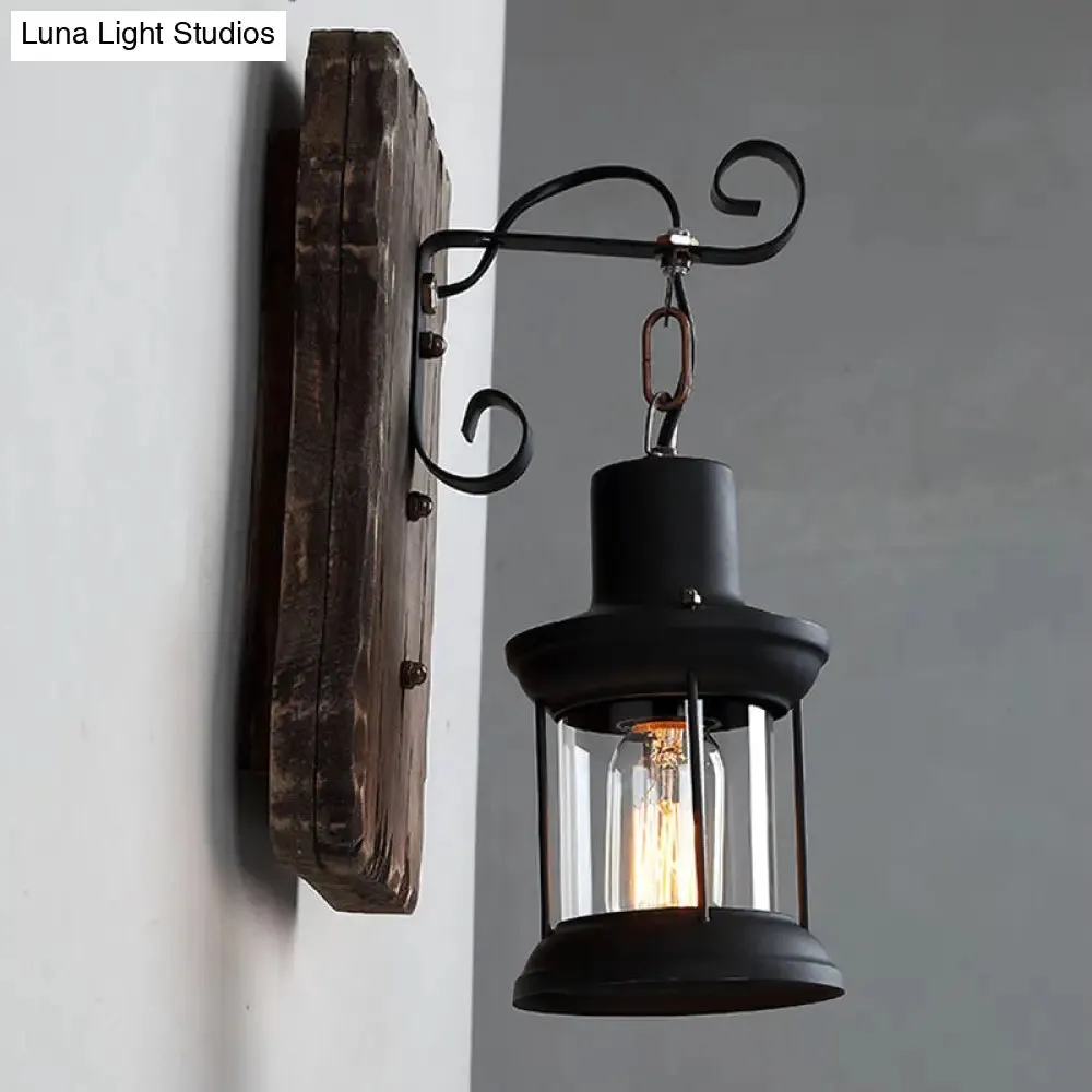 Countryside Brown Lantern Wall Light Kit with Clear Glass Shade and Wood Backplate, 1-Light