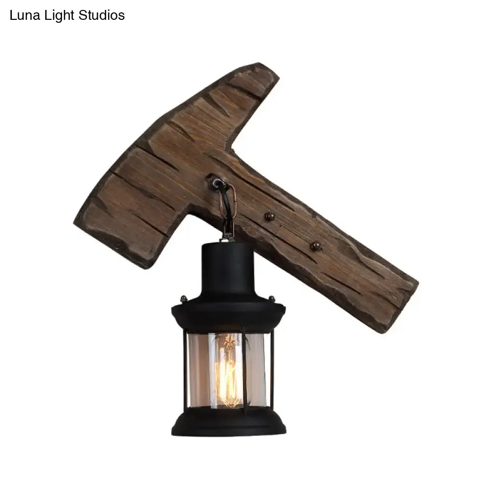 Countryside Brown Lantern Wall Light Kit with Clear Glass Shade and Wood Backplate, 1-Light