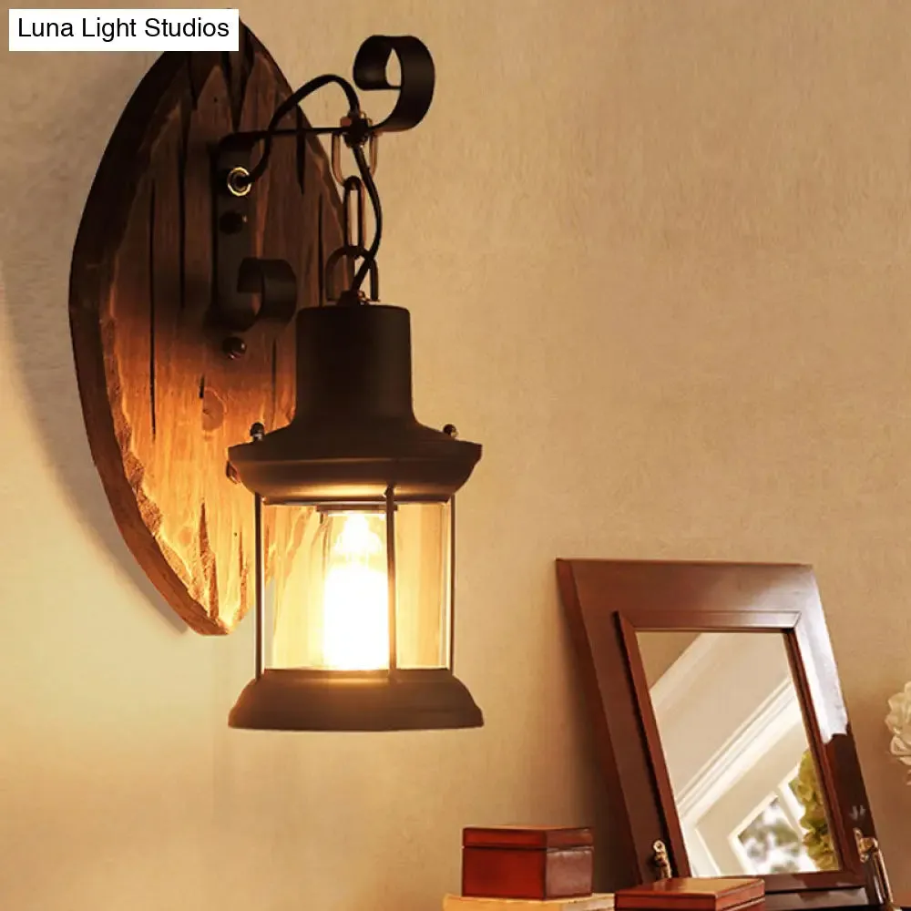 Countryside Brown Lantern Wall Light Kit with Clear Glass Shade and Wood Backplate, 1-Light