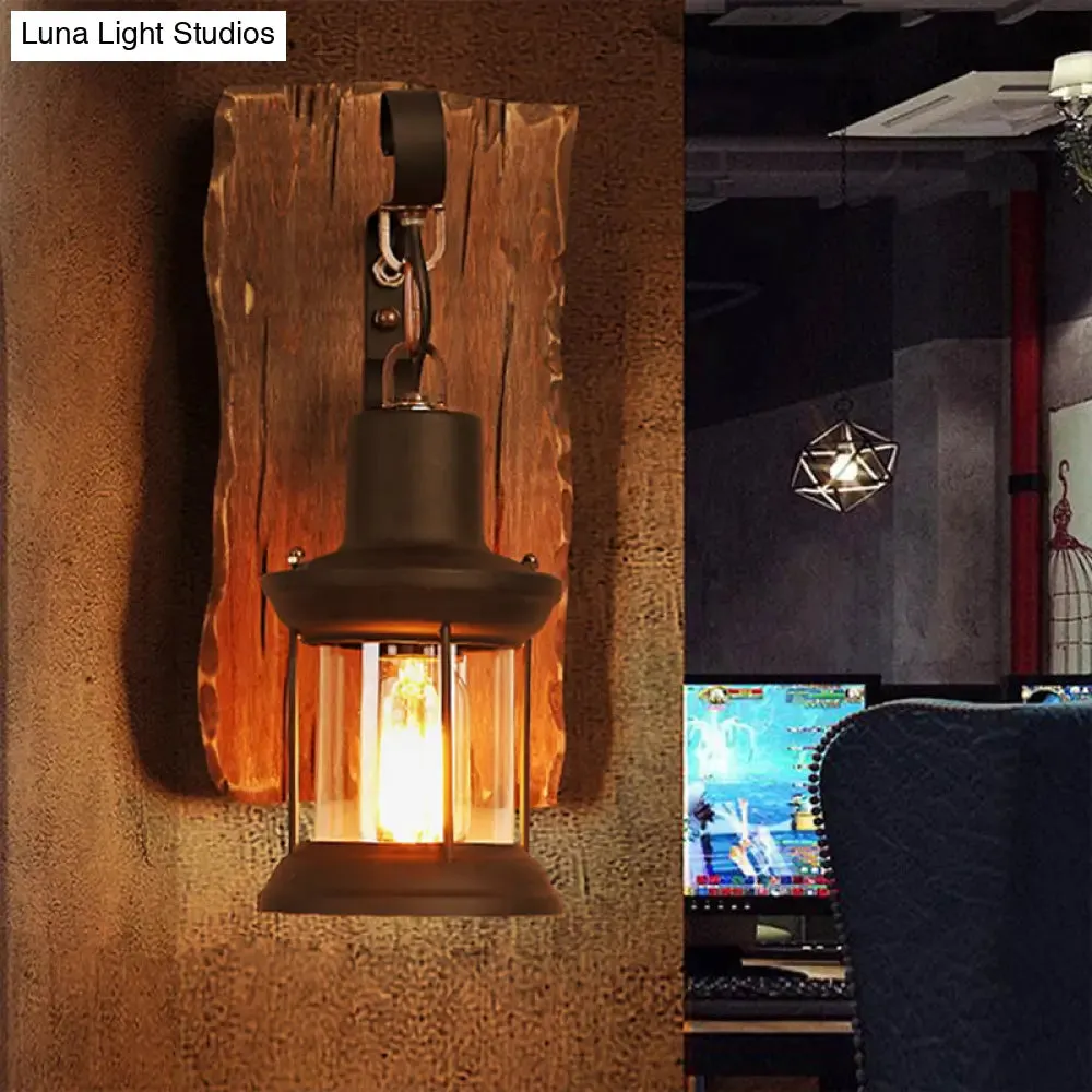 Countryside Brown Lantern Wall Light Kit with Clear Glass Shade and Wood Backplate, 1-Light