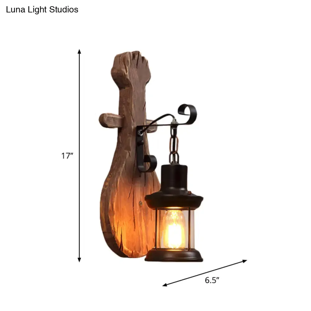 Countryside Brown Lantern Wall Light Kit with Clear Glass Shade and Wood Backplate, 1-Light