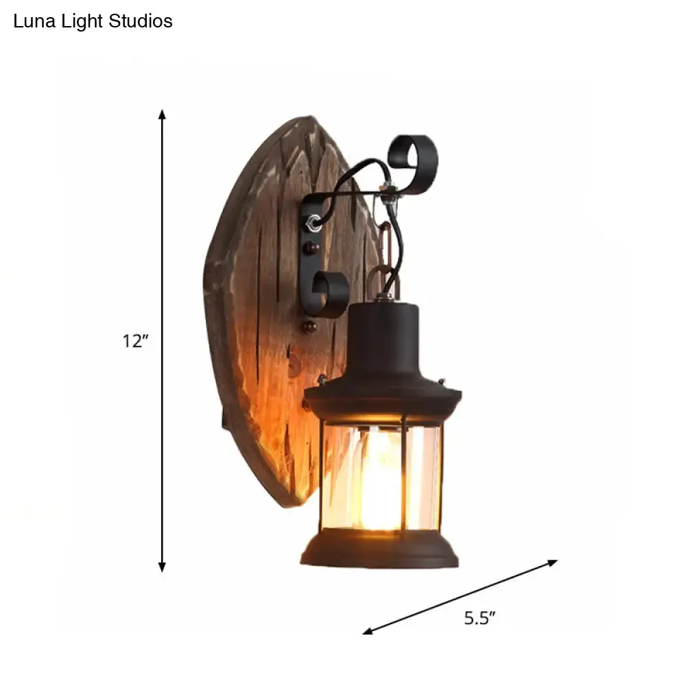 Countryside Brown Lantern Wall Light Kit with Clear Glass Shade and Wood Backplate, 1-Light