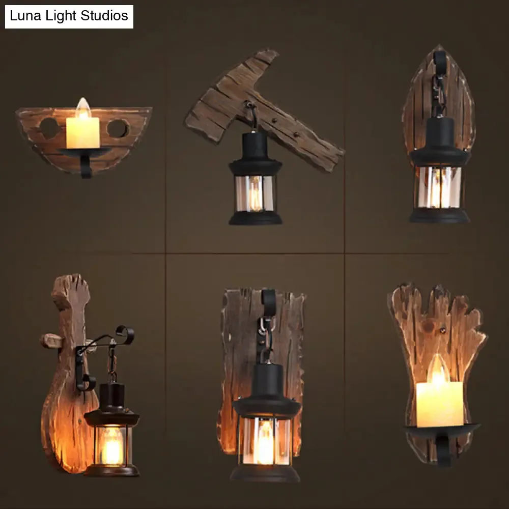 Countryside Brown Lantern Wall Light Kit with Clear Glass Shade and Wood Backplate, 1-Light