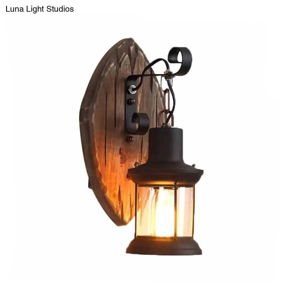 Countryside Brown Lantern Wall Light Kit with Clear Glass Shade and Wood Backplate, 1-Light