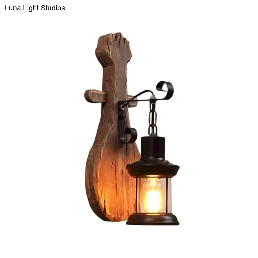 Countryside Brown Lantern Wall Light Kit with Clear Glass Shade and Wood Backplate, 1-Light